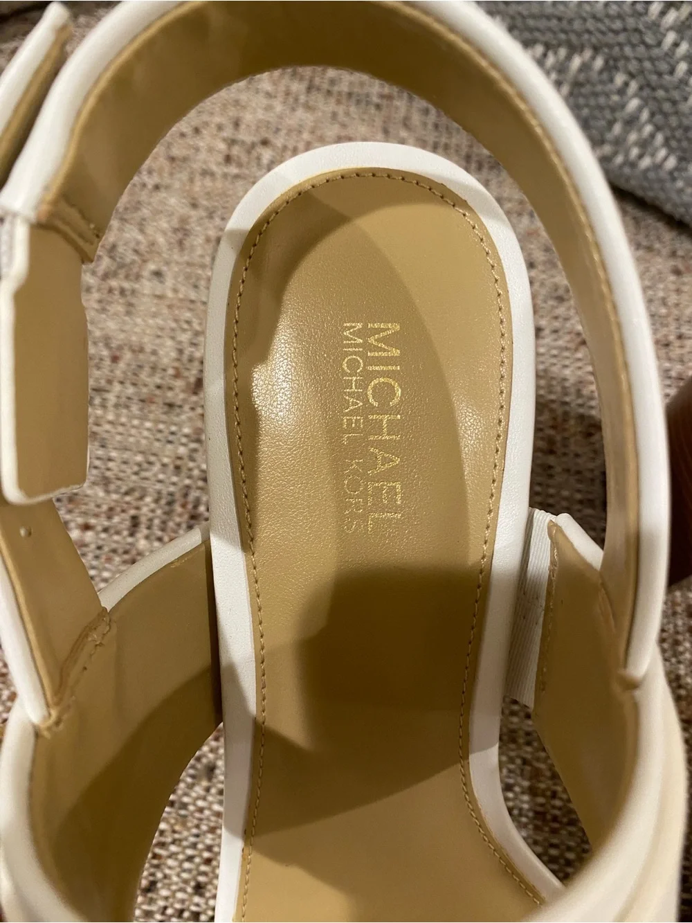 Michael Kors White Platform Block Heel Sandals with Brown Wood-Look Sole
